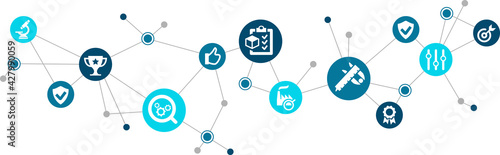 Quality management vector illustration. Concept with icons related to qm process, production or manufacturing quality assurance, product standard / analysis, monitoring and testing. photo