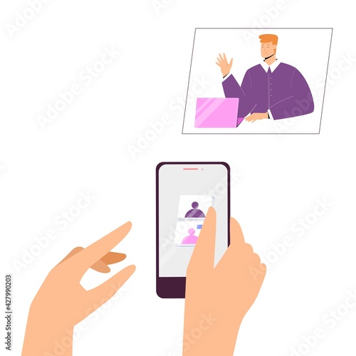 Hand holding smartphone, video conference or phone call concept. vector illustration