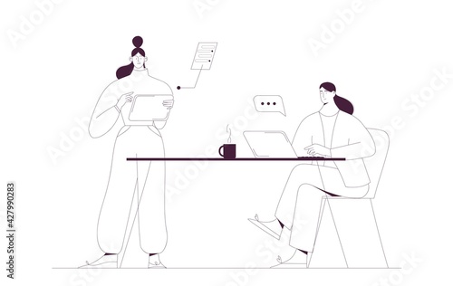 Women working together using computer and tablet in the office. Outline vector illustration, business and teamwork concept