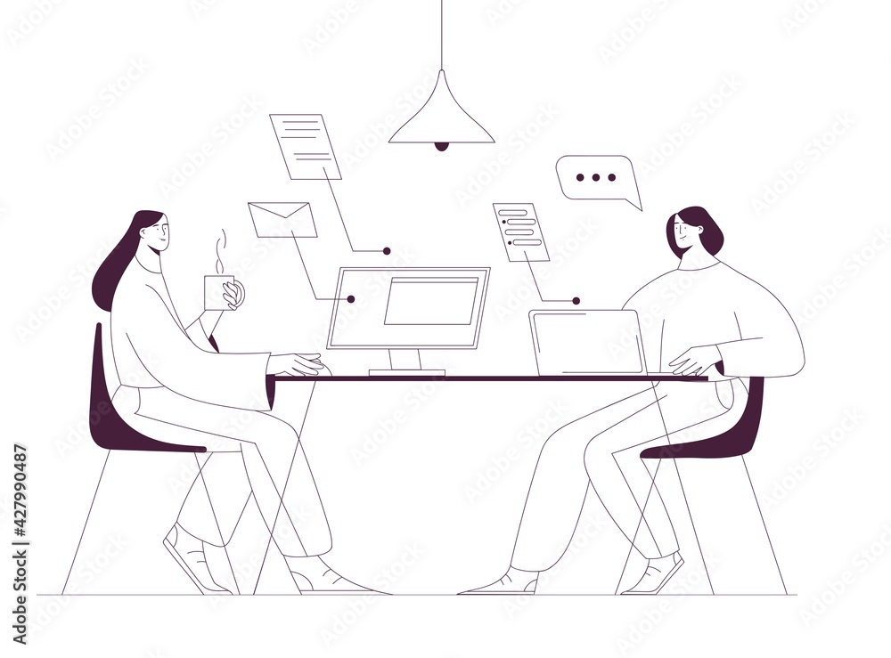 Women working together using computer and loptop in the office or home office. Outline vector illustration, business and teamwork concept Women working together using computer and loptop in the office or home office. Outline vector illustration, business and teamwork concept