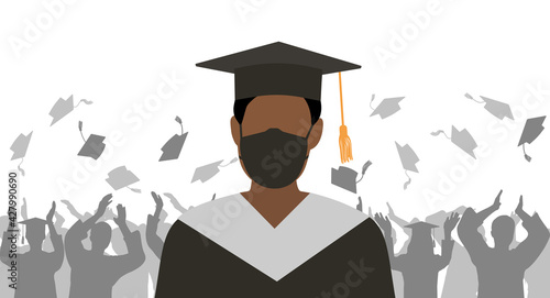 Graduate boy in medical face mask and mantle and mortarboard on background of group of graduates throwing square academic caps. Graduation ceremony in condition of pandemic disease.Vector illustration