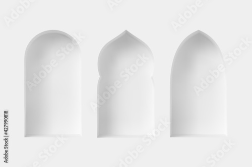 Set of 3d Arabic style windows. Architectural design elements for muslim holidays. Realistic minimal style. Vector illustration.