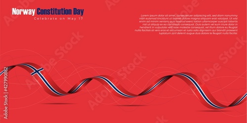 Norway constitution day design with norway ribbon flag and red background.