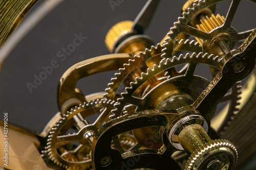 Close Up of the mechanisms and gears of a gold watch clock face