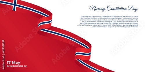 Norway constitution day design with flying norway ribbon and red background.
