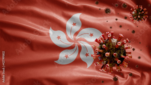 3D, Flu coronavirus floating over Hongkong flag. Hong Kong and pandemic Covid 19 photo