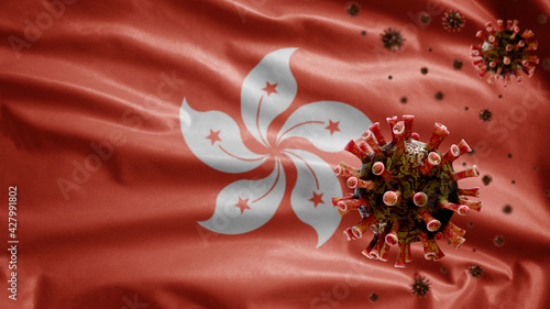 Photography 3D, Flu coronavirus floating over Hongkong flag