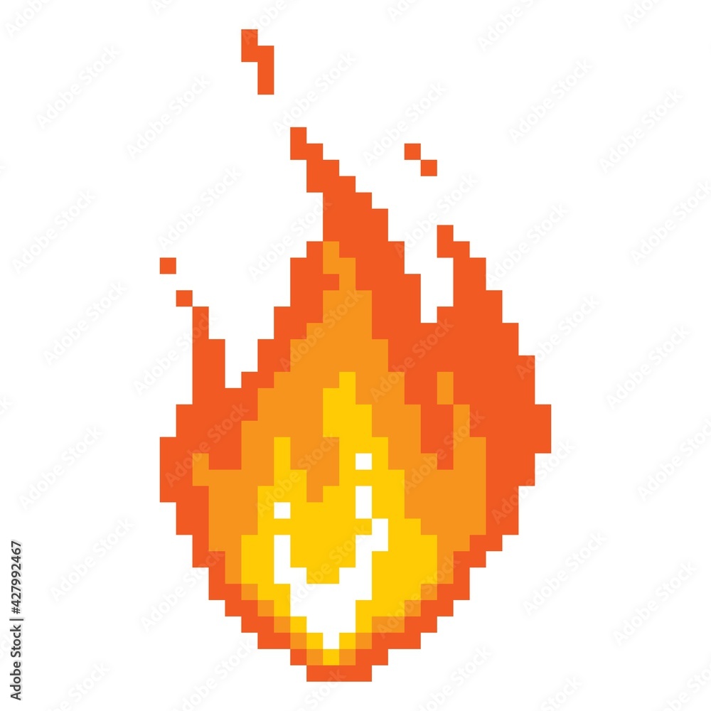 Falling fireball pixel icon. Burning fire with glowing yellow core red flame after powerful explosion with flying vector sparks.