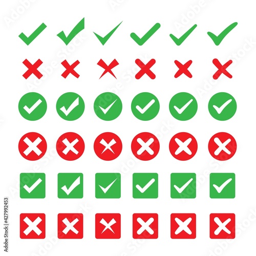 check marks icons. accept and reject. right and wrong. isolated on white background. vector illustration.