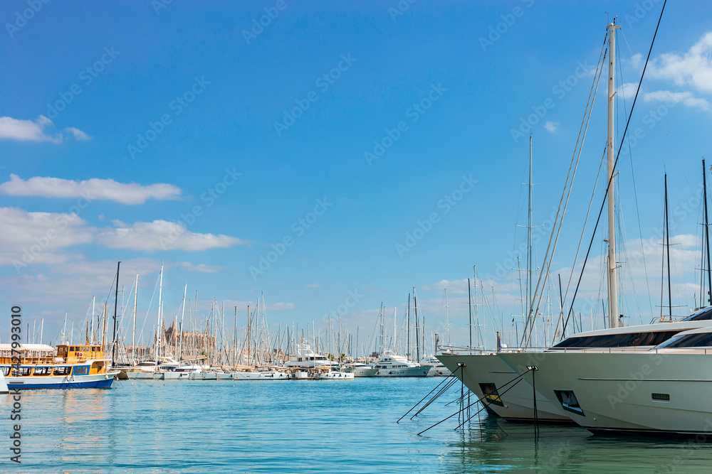 Fototapeta premium Luxury yachts moored in the seaport of the Spanish city of Palma de Mallorca