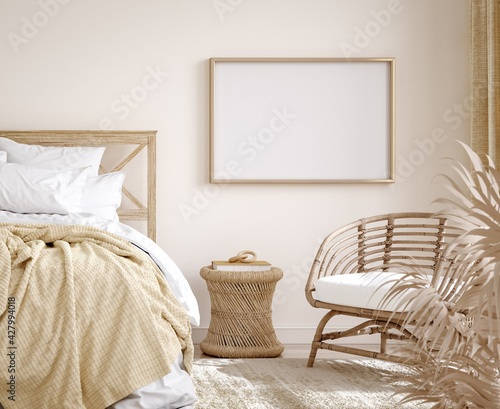 Mockup frame in farmhouse style bedroom interior background, 3d render