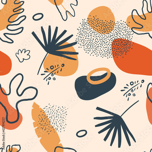 Vector seamless repeating simple creative doodle pattern with palm leaves, plants, dots, organic shapes. Trendy hand-drawn texture for fabric, textile, poster, wrapper, card, bags, clothes