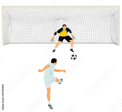 Soccer player kick ball, takes the penalty against goalkeeper vector illustration isolated on white background. Goal net construction. Football goal keeper against shot. Defender sportsman keep goal.