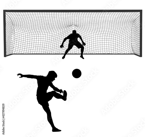 Soccer player kick ball, takes the penalty against goalkeeper vector silhouette isolated on white background. Goal net construction. Football goal keeper against shot. Defender sportsman keep goal.