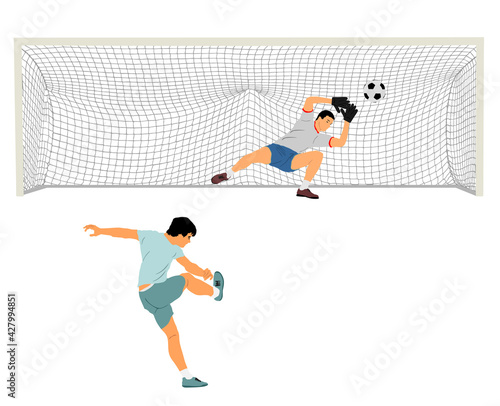 Soccer player kick ball, takes the penalty against goalkeeper vector illustration isolated on white background. Goal net construction. Football goal keeper against shot. Defender sportsman keep goal.