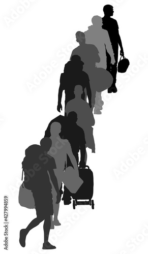 Passengers with luggage walking at airport vector silhouette. Traveler with backpack bags. Man carry baggage. People crowd waiting in line with cargo load, taxi to holiday.Border refugees hiking.