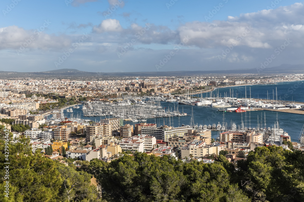 View over Palma de Mallorca and its boat harbour from Castell de Bellver