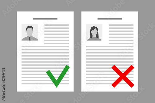 Job resumes marked with signs of approval and refusal