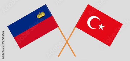 Crossed flags of Liechtenstein and Turkey. Official colors. Correct proportion