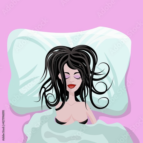 Young beautiful girl or woman sexy sleeping alone in big bed completely satisfied and happy, with a disheveled hairstyle. Vector illustration top view, blue and pink toned.