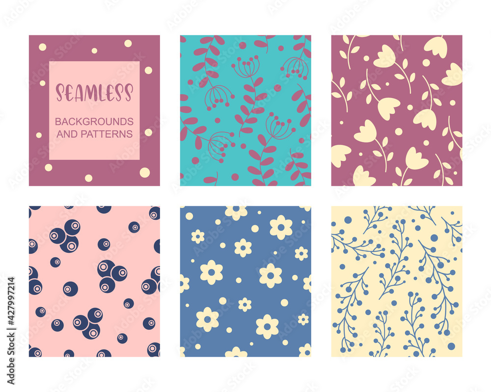 Trendy seamless patterns set. Abstract and floral design. For fashion fabrics, kid s clothes, home decor, quilting, cards and templates, scrapbooking etc. Vector illustration Trendy seamless patterns set. Abstract and floral design. For fashion fabrics, kid s clothes, home decor, quilting, cards and templates, scrapbooking etc. Vector illustration