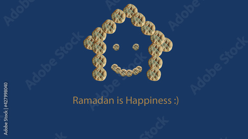Composition consisting of the text "Ramadan is happiness" and the image of the house consisting of Ramadan pitas