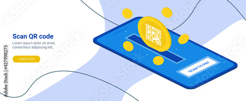 Electronic digital payment from a smartphone. Scan the QR code on your phone. Scan to pay. The concept of dollar coins and scanning, technology and business concept. Vector horizontal banner.