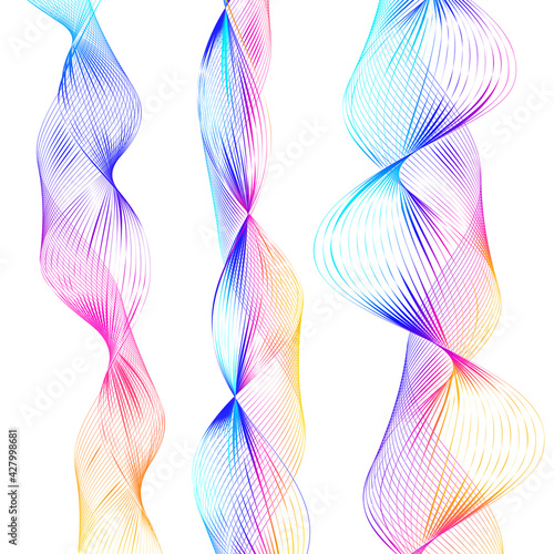 Design elements. Wave of many lines. Abstract vertical wavy stripes on white background isolated. Creative line art. Vector illustration EPS 10. Colourful waves with lines created using Blend Tool