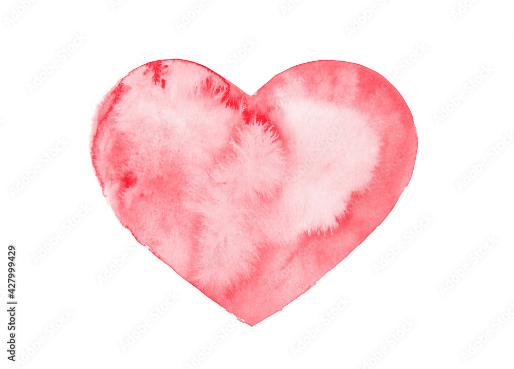 Watercolor heart shape in red on white paper background.