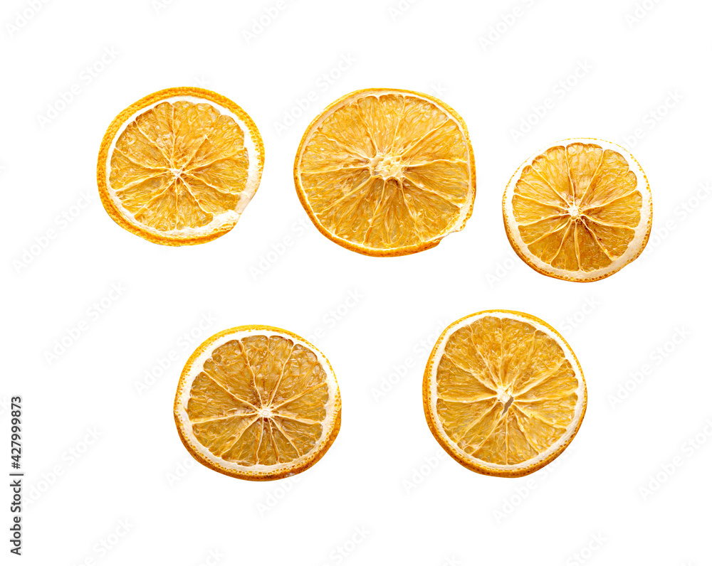 Round slices of dried orange, isolated on a white background Round slices of dried orange, isolated on a white background