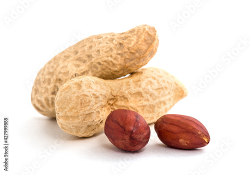 Dried peanuts on the white background.