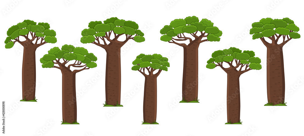 Set of Cartoon vector cute outline Madagascar African baobab green ...