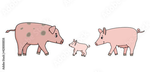 Cute pink pigs family. Father, mother sow and a piglet are walking somewhere, side view. Farm animals are smiling, child closed his eyes. Characters are isolated on white background