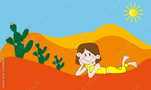 Niña tumbada en el desierto.