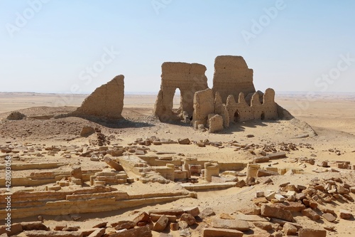The walls and ruins of Dimeh el Sibaa (Soknopaiou Nesos) in Fayoum city desert in Egypt