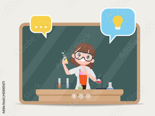 Teacher teaching chemical lab test in online education application.
