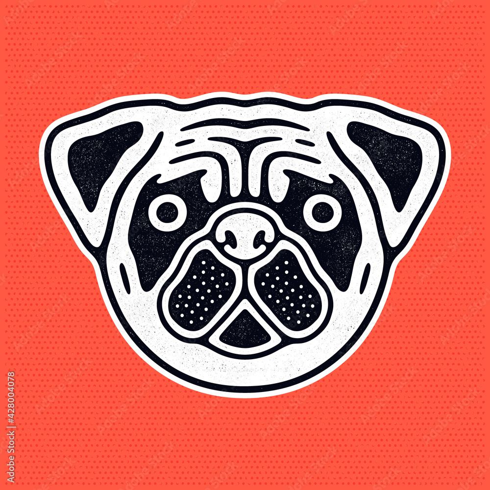 Naklejka premium Retro cute dog. Sad pug head. 