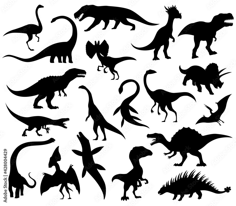 Obraz premium Dinosaurs and dino monsters icons. Predators and herbivores icon collection. Set of black vector silhouettes. Dinosaurs from jurassic period. Triceratops T-rex brontosaurus and others