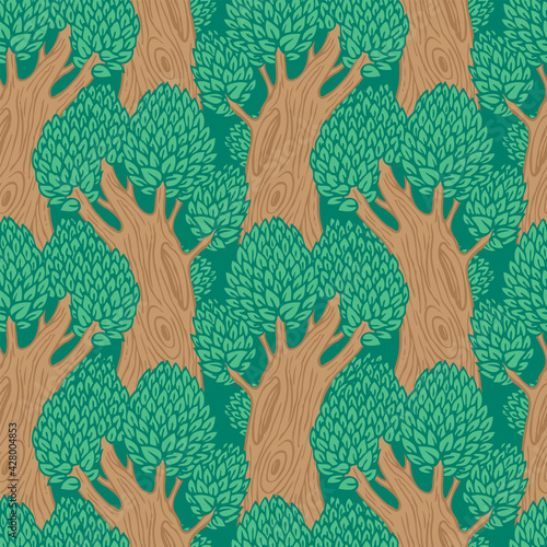 Seamless pattern with old stylised trees. Vector background with beautiful forest in a flat cartoon style. Deciduous trees with lush green foliage and hollows on thick brown trunks