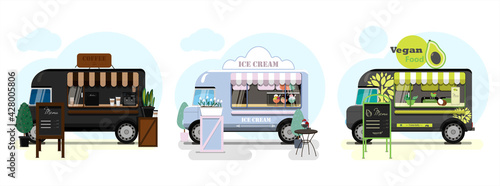 Set of vector food trucks with pizza, donuts and ice cream. Vector flat illustration of a fast food place on wheels with a striped awning and an advertising stand with a menu. Stylish retro