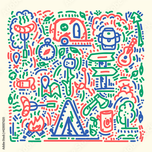 Summer camp background hand-drawn. Poster Camping and travel in the style of Doodle. Linear icons background Outdoor recreation. Vector illustration