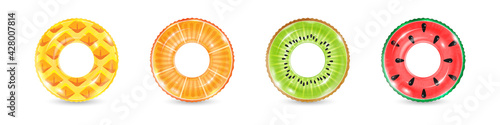 Inflatable rings looking like kiwi, orange, pineapple and watermelon isolated on white background. Realistic colorful rubber swimming buoy. Vector illustration of pool floater in fruit shape