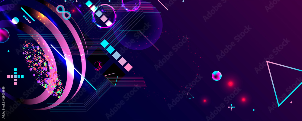 Dark retro futuristic art neon abstraction background cosmos new art 3d starry sky glowing galaxy and planets blue circle - obrazy, fototapety, plakaty 