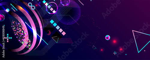 Dark retro futuristic art neon abstraction background cosmos new art 3d starry sky glowing galaxy and planets blue circle photo