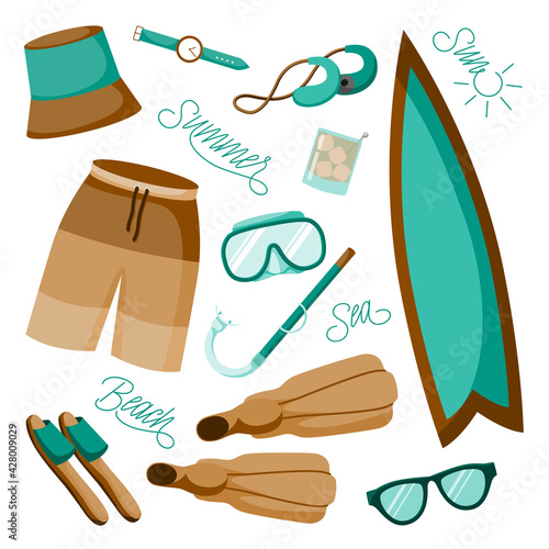 Vector set of summer beach elements and summering words beach, sun, sea, summer.