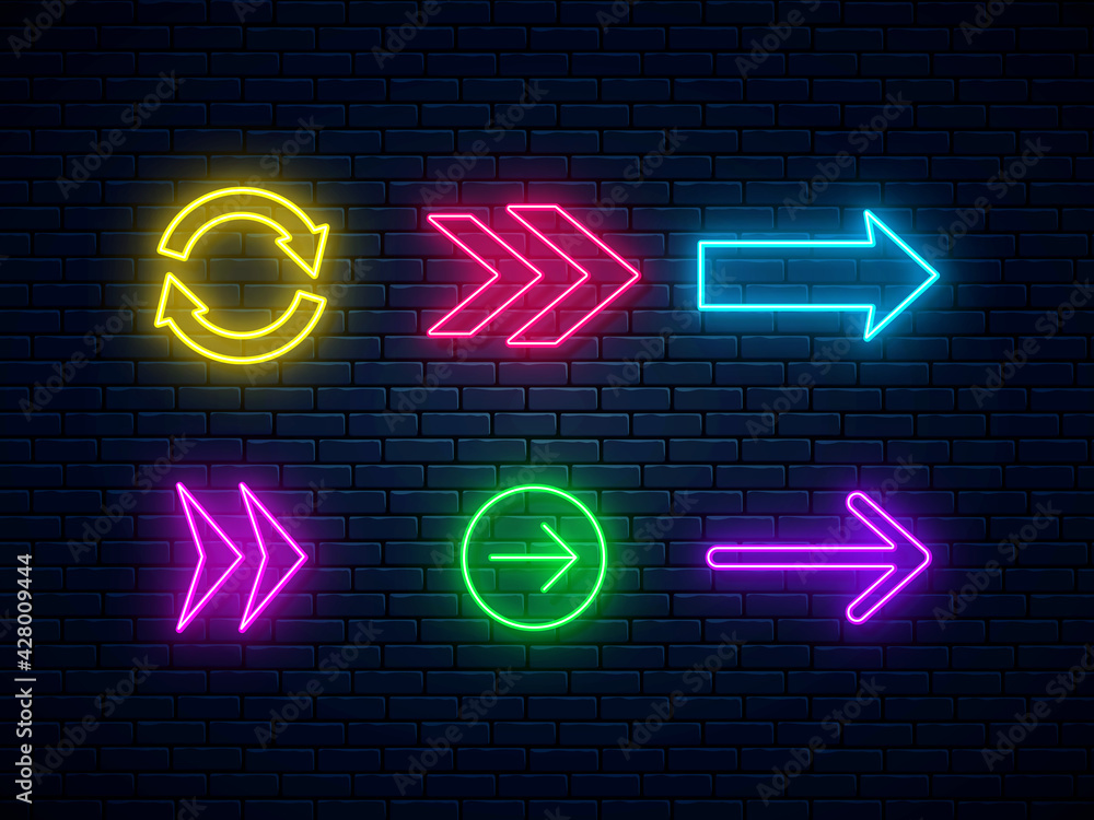 Neon arrow signs collection. Set of colorful neon arrows, web icons. Bright arrow pointer symbols on brick wall background. Banner design, bright advertising signboard elements. Vector illustration.