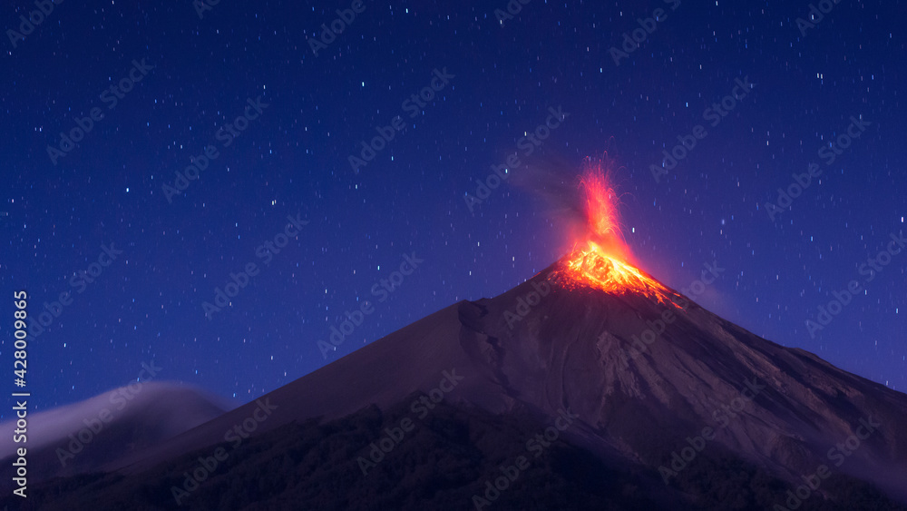 Erupting Fuego volcano in the night; Guatemala Volcano