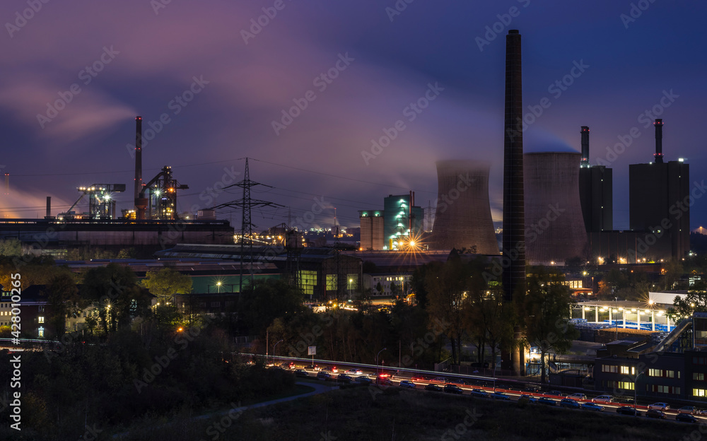 view over an industrial area at night