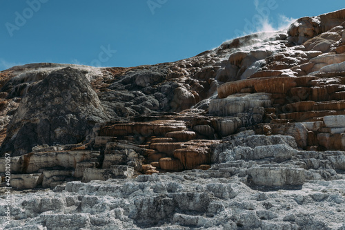 Mammoth Hot Springs, Famous Yellowstone attraction known for its terrace-like cascade of steaming travertine pools.