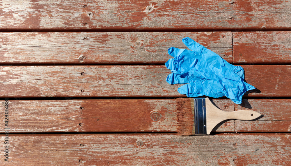 Brush loaded with stain and latex gloves on outdoor wooden cedar for resurfacing the home deck
